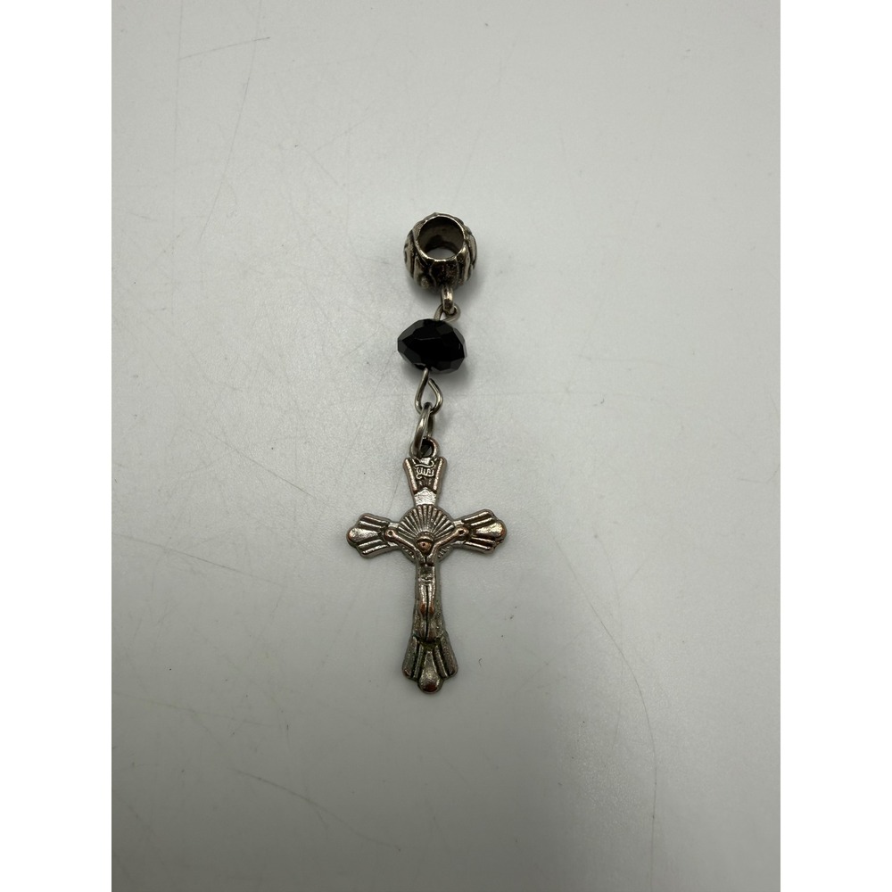 Silver Tone Crucifix Cross Pendant Charm Black Faceted Bead Religious‎ Jewelry